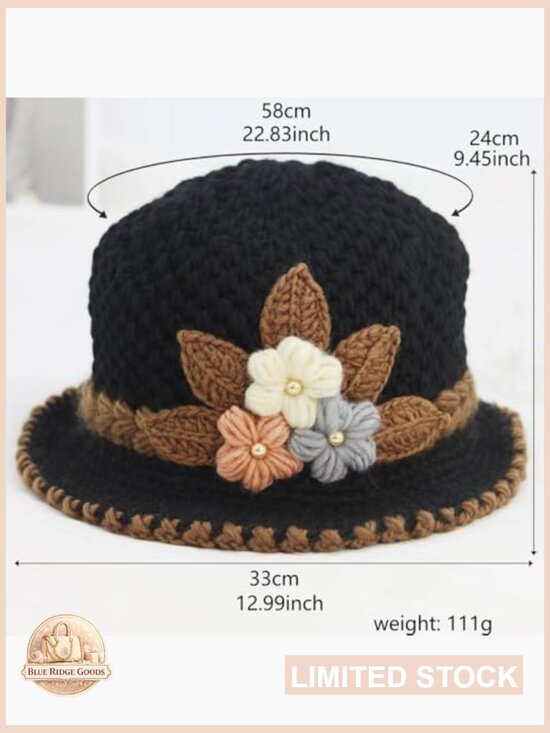 Winter Knitted Beanie with Flower Embroidery, Retro Warm Hat for Women, Y2K main image 4